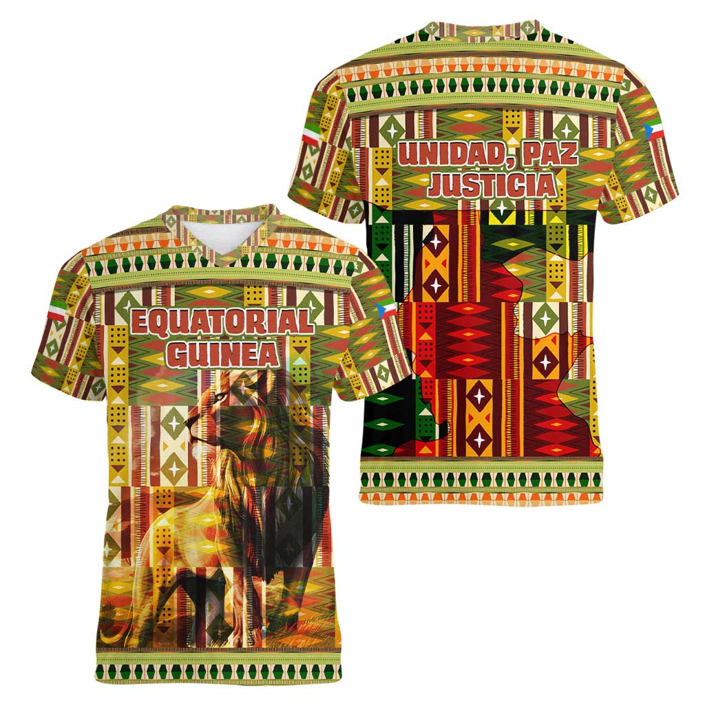 Equatorial Guinea Women V-Neck T-Shirt with Lion Print and Traditional African Kente Patterns