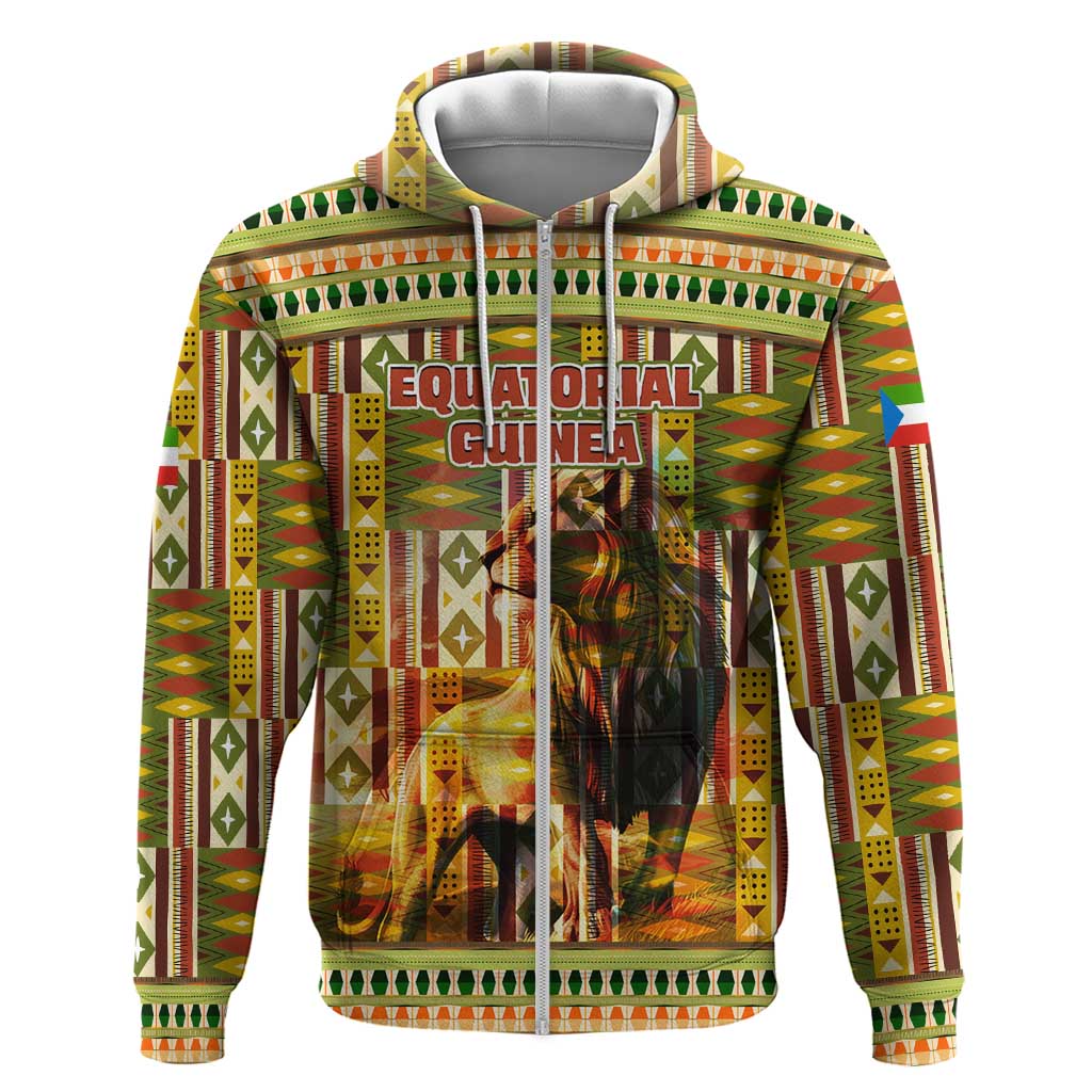 Equatorial Guinea Zip Hoodie with Lion Print and Traditional African Kente Patterns