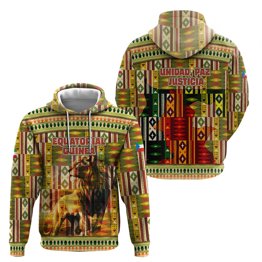 Equatorial Guinea Zip Hoodie with Lion Print and Traditional African Kente Patterns