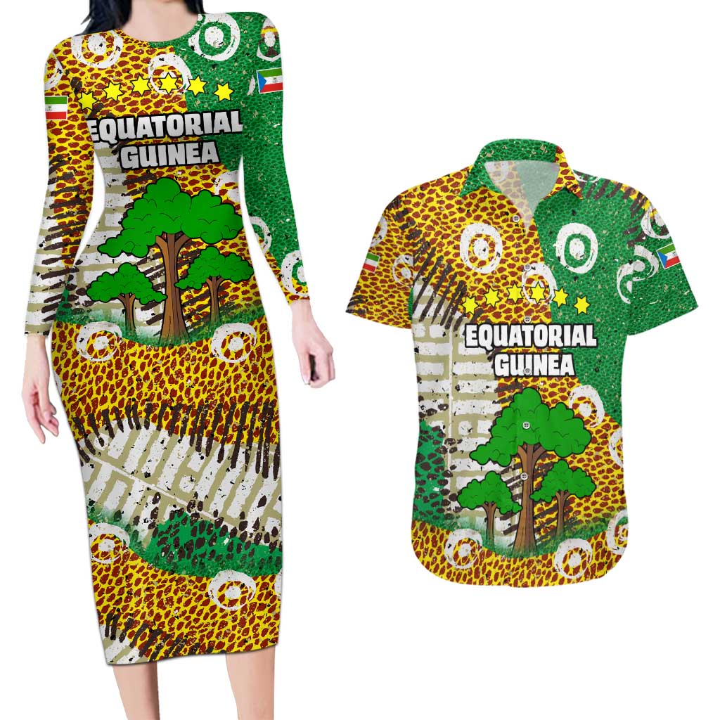 Equatorial Guinea Baobab Tree Couples Matching Long Sleeve Bodycon Dress and Hawaiian Shirt with Tribal Patterns and Heritage Quote
