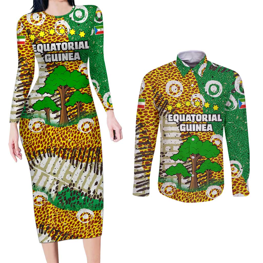 Equatorial Guinea Baobab Tree Couples Matching Long Sleeve Bodycon Dress and Long Sleeve Button Shirt with Tribal Patterns and Heritage Quote