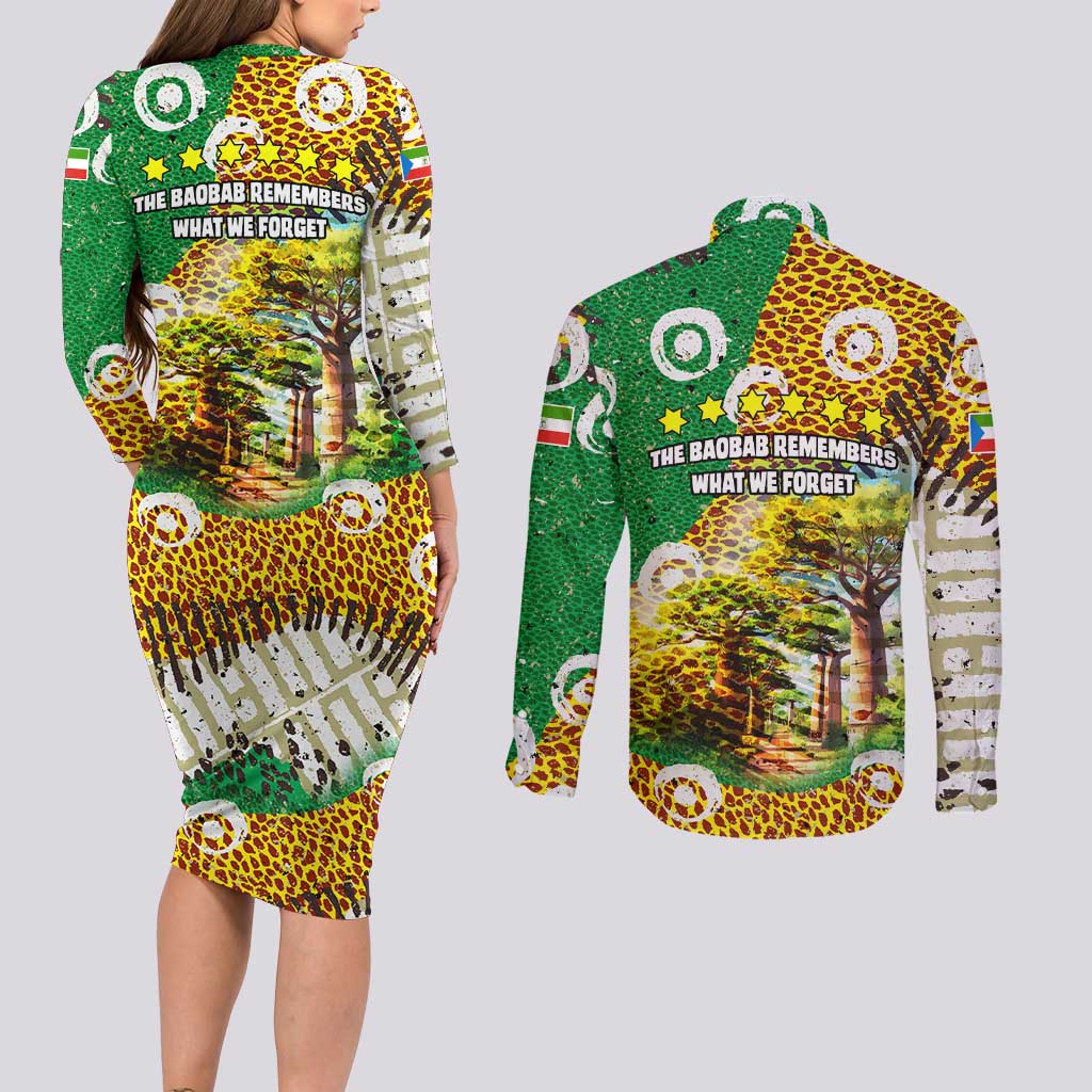 Equatorial Guinea Baobab Tree Couples Matching Long Sleeve Bodycon Dress and Long Sleeve Button Shirt with Tribal Patterns and Heritage Quote
