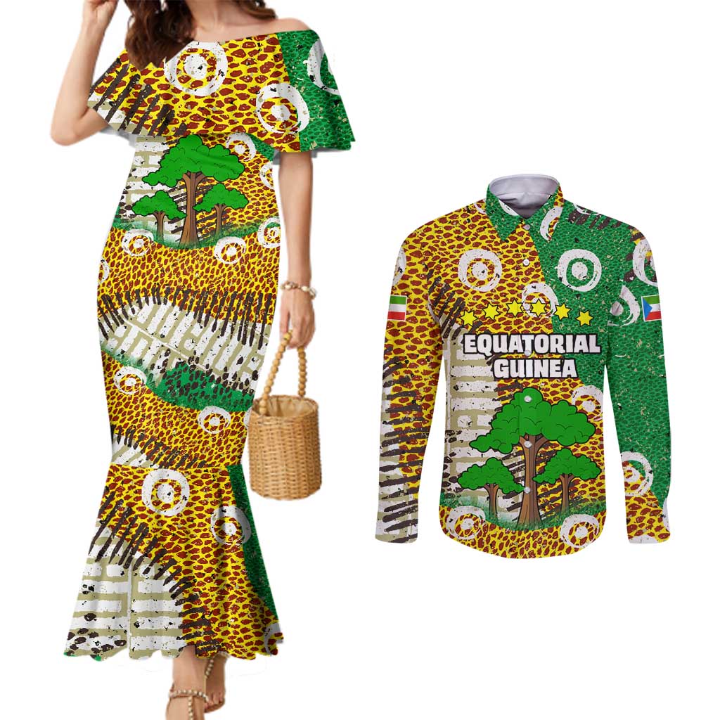 Equatorial Guinea Baobab Tree Couples Matching Mermaid Dress and Long Sleeve Button Shirt with Tribal Patterns and Heritage Quote