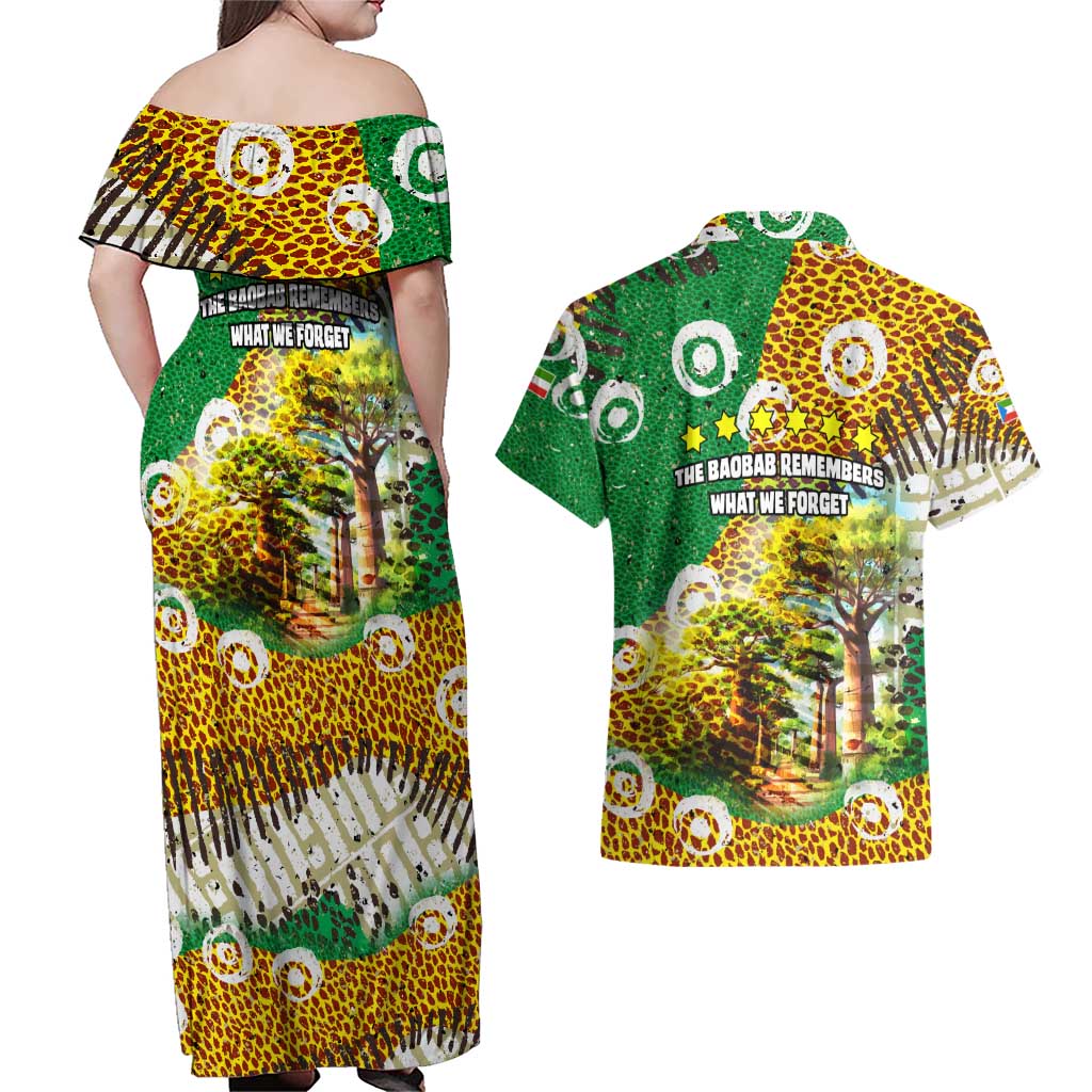 Equatorial Guinea Baobab Tree Couples Matching Off Shoulder Maxi Dress and Hawaiian Shirt with Tribal Patterns and Heritage Quote