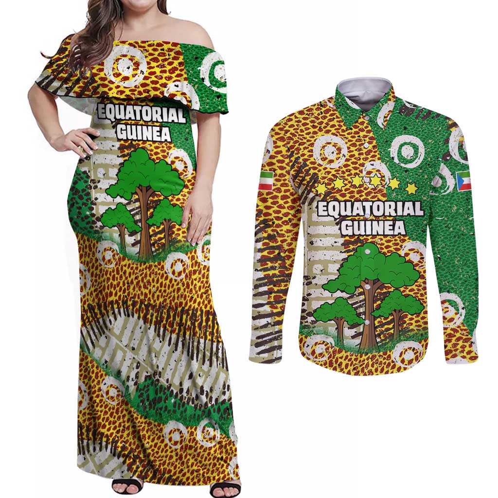 Equatorial Guinea Baobab Tree Couples Matching Off Shoulder Maxi Dress and Long Sleeve Button Shirt with Tribal Patterns and Heritage Quote