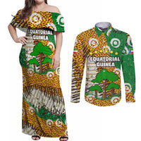 Equatorial Guinea Baobab Tree Couples Matching Off Shoulder Maxi Dress and Long Sleeve Button Shirt with Tribal Patterns and Heritage Quote