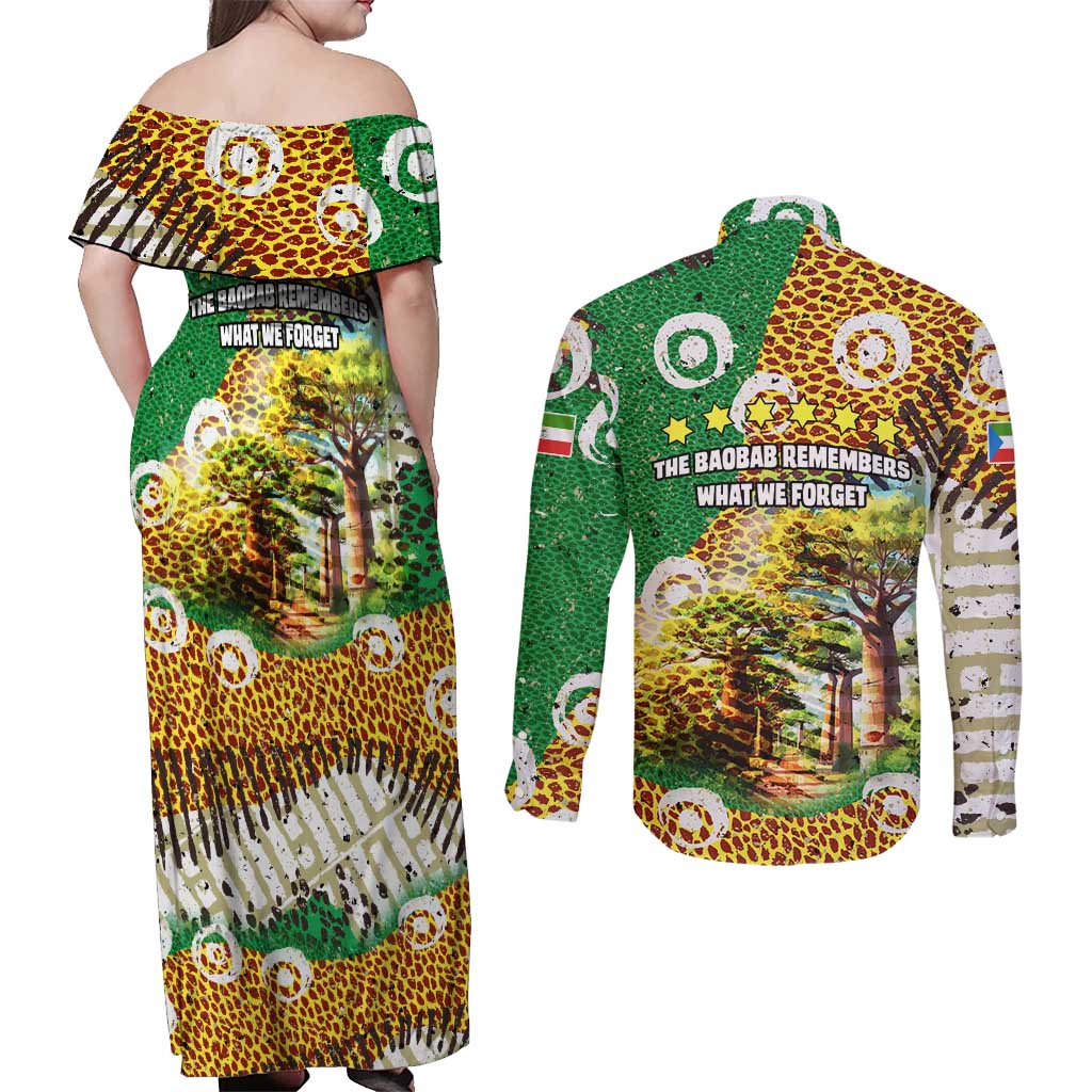 Equatorial Guinea Baobab Tree Couples Matching Off Shoulder Maxi Dress and Long Sleeve Button Shirt with Tribal Patterns and Heritage Quote