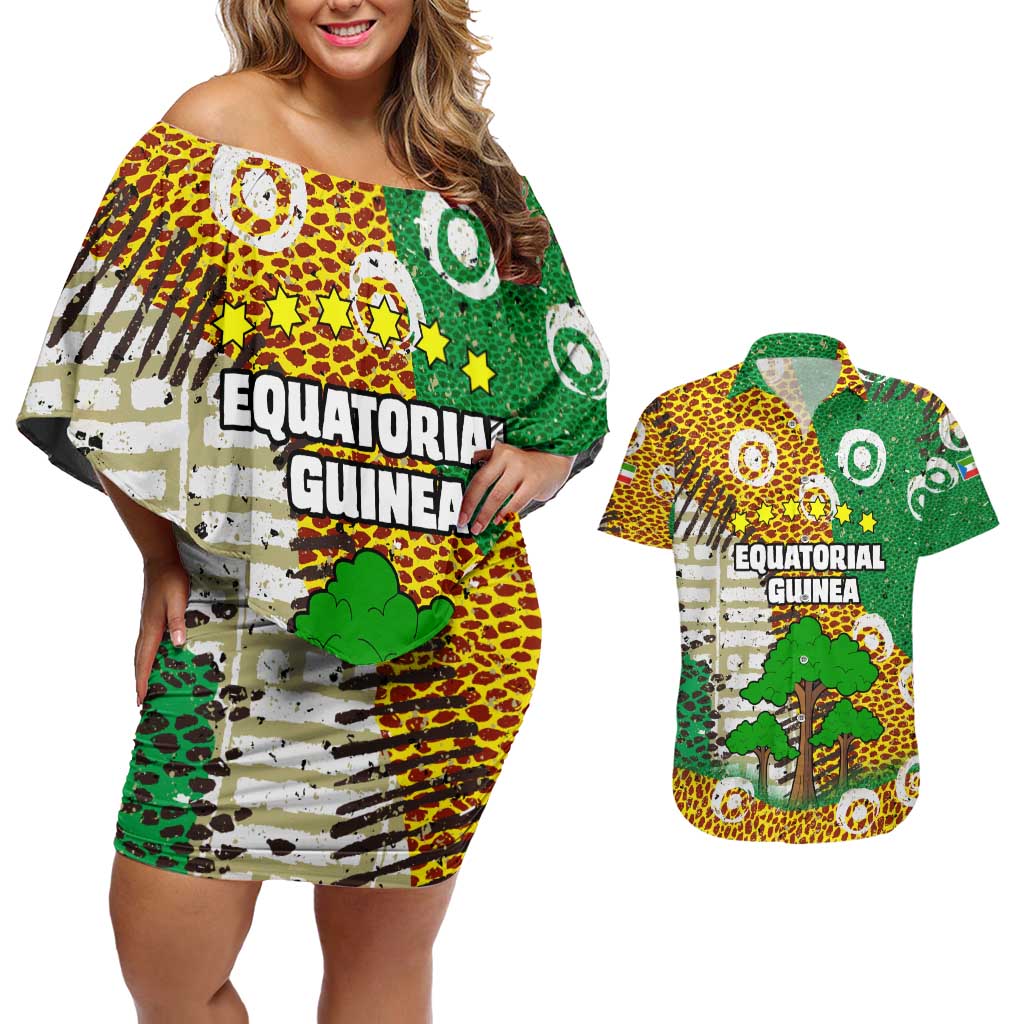 Equatorial Guinea Baobab Tree Couples Matching Off Shoulder Short Dress and Hawaiian Shirt with Tribal Patterns and Heritage Quote