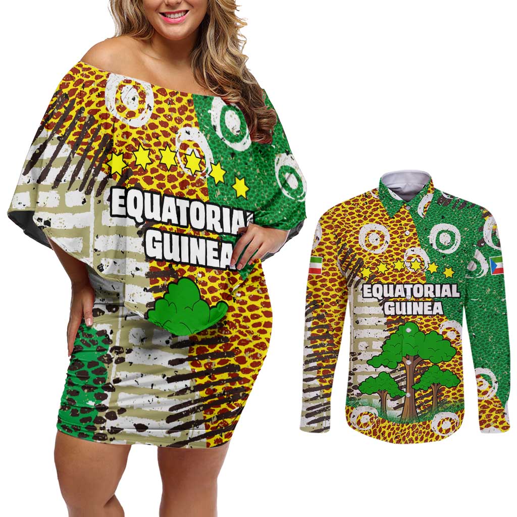 Equatorial Guinea Baobab Tree Couples Matching Off Shoulder Short Dress and Long Sleeve Button Shirt with Tribal Patterns and Heritage Quote