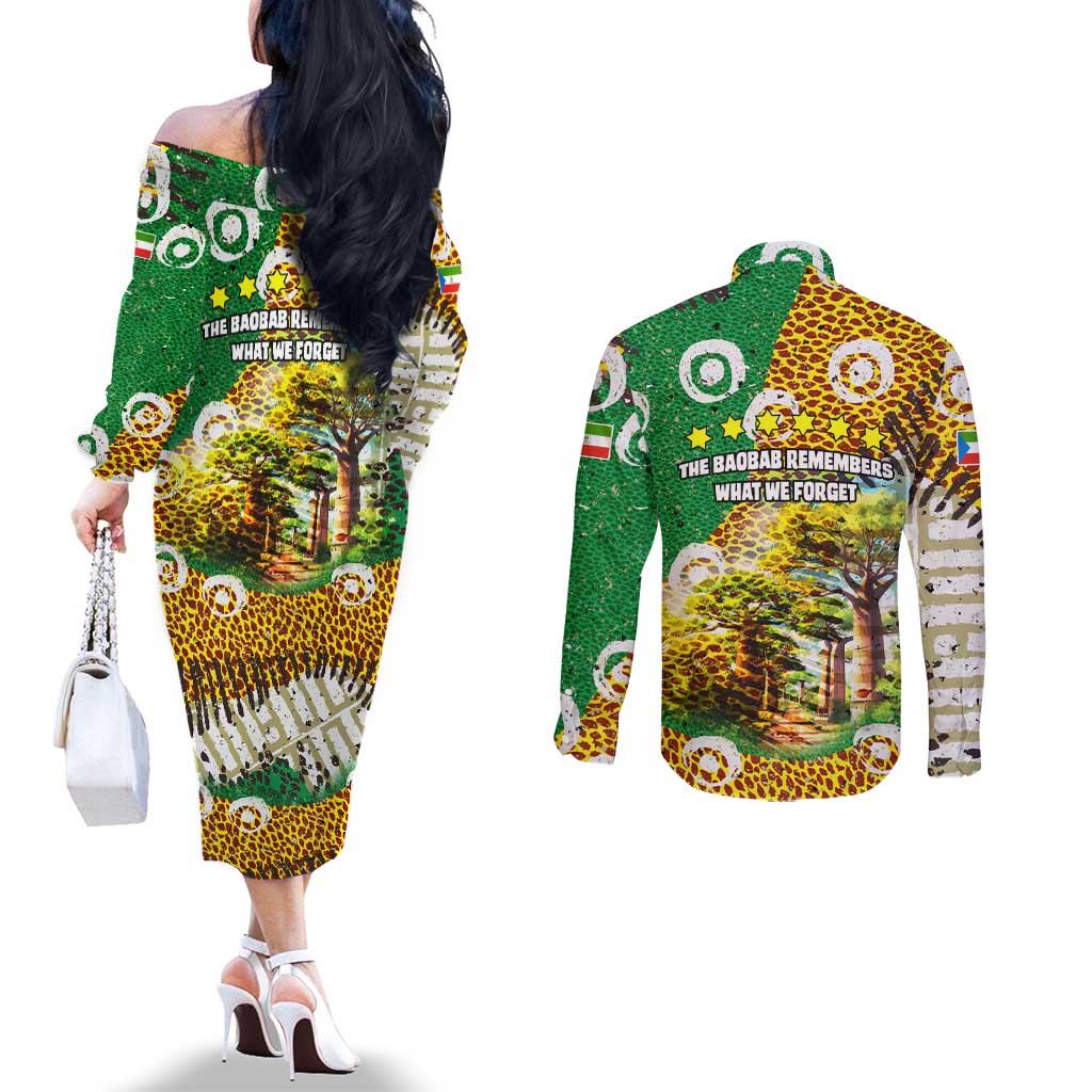Equatorial Guinea Baobab Tree Couples Matching Off The Shoulder Long Sleeve Dress and Long Sleeve Button Shirt with Tribal Patterns and Heritage Quote