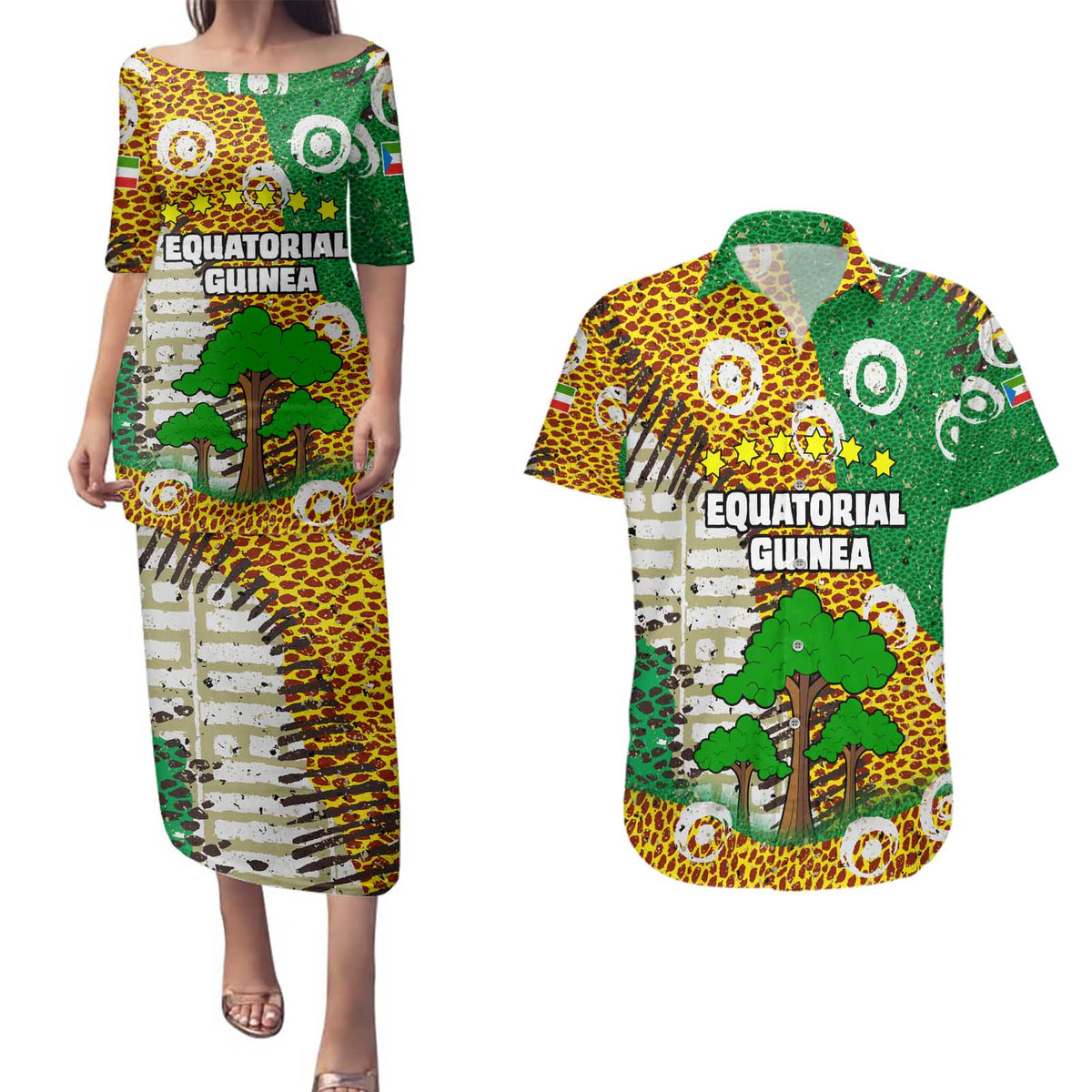 Equatorial Guinea Baobab Tree Couples Matching Puletasi and Hawaiian Shirt with Tribal Patterns and Heritage Quote