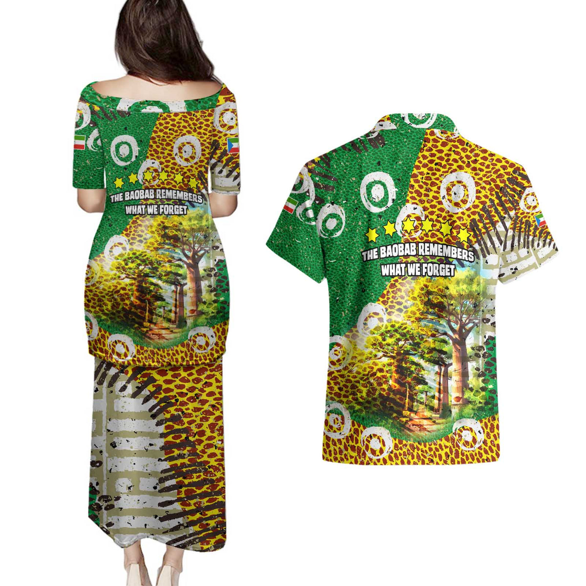 Equatorial Guinea Baobab Tree Couples Matching Puletasi and Hawaiian Shirt with Tribal Patterns and Heritage Quote