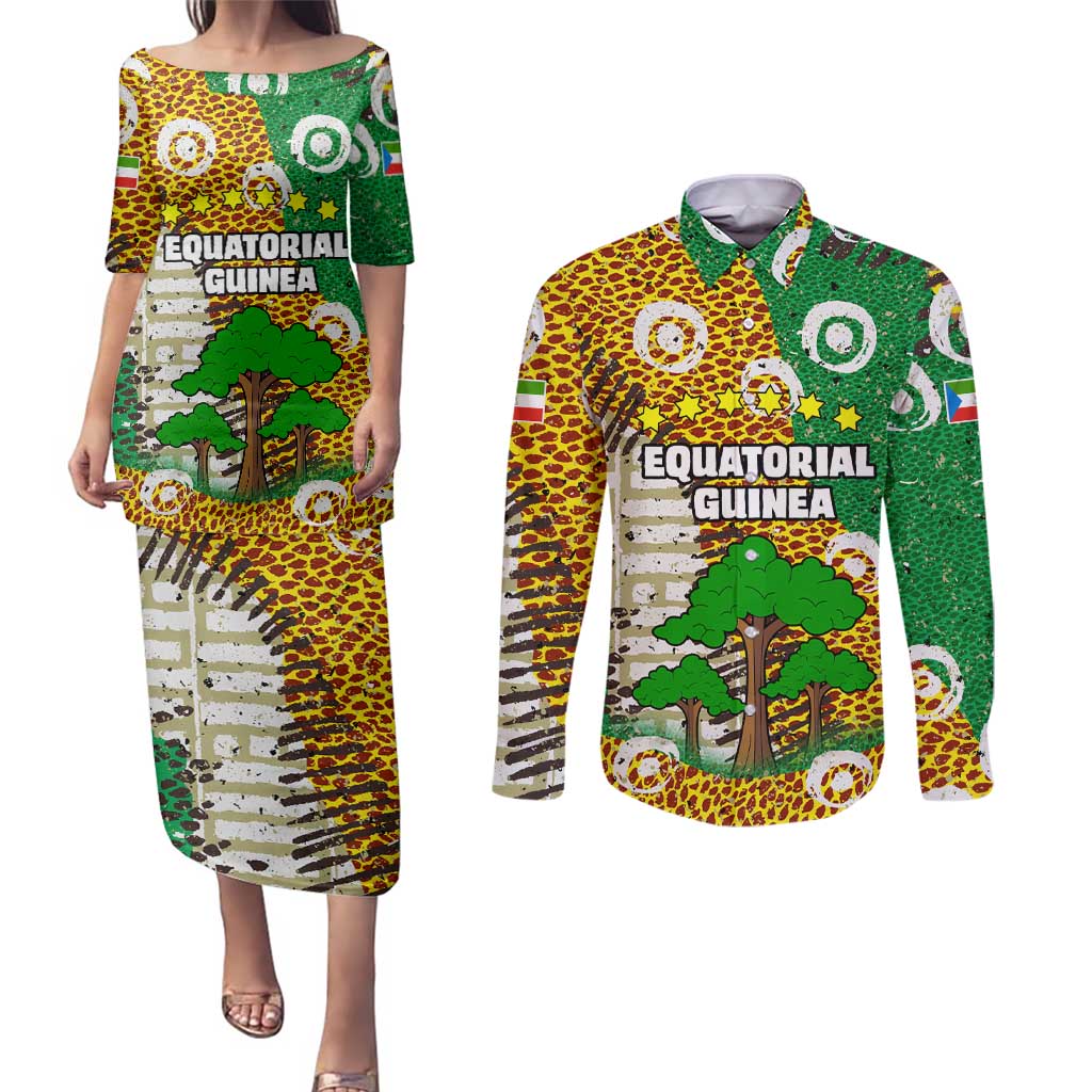 Equatorial Guinea Baobab Tree Couples Matching Puletasi and Long Sleeve Button Shirt with Tribal Patterns and Heritage Quote