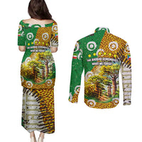 Equatorial Guinea Baobab Tree Couples Matching Puletasi and Long Sleeve Button Shirt with Tribal Patterns and Heritage Quote