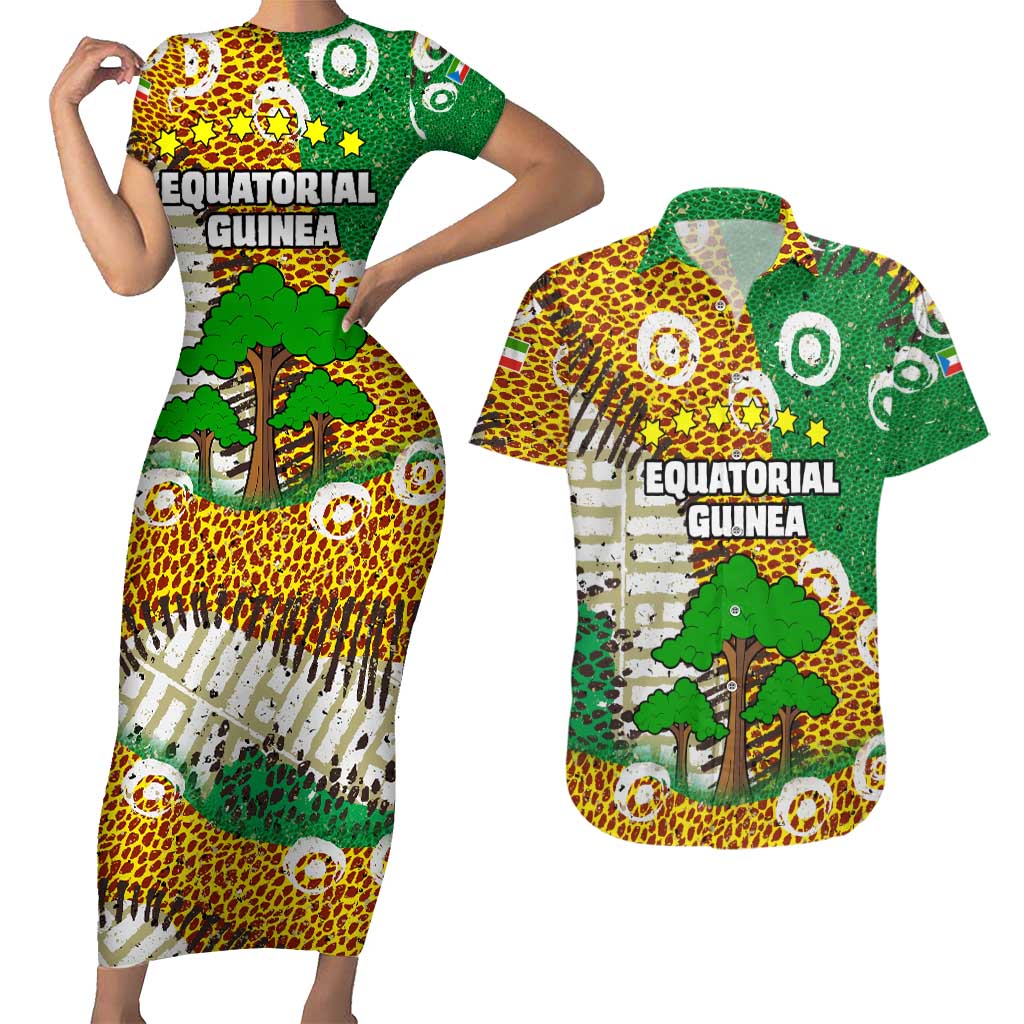 Equatorial Guinea Baobab Tree Couples Matching Short Sleeve Bodycon Dress and Hawaiian Shirt with Tribal Patterns and Heritage Quote