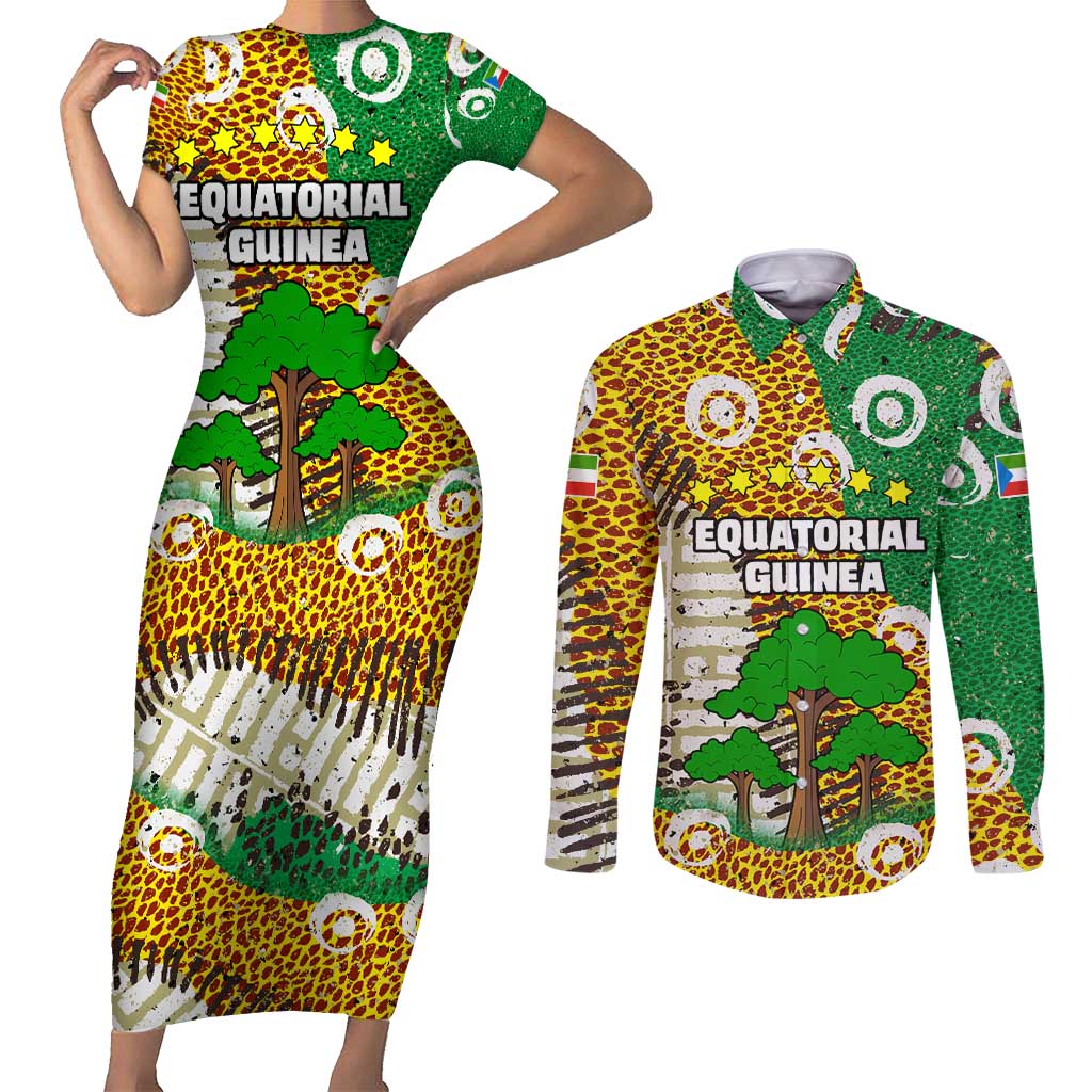 Equatorial Guinea Baobab Tree Couples Matching Short Sleeve Bodycon Dress and Long Sleeve Button Shirt with Tribal Patterns and Heritage Quote