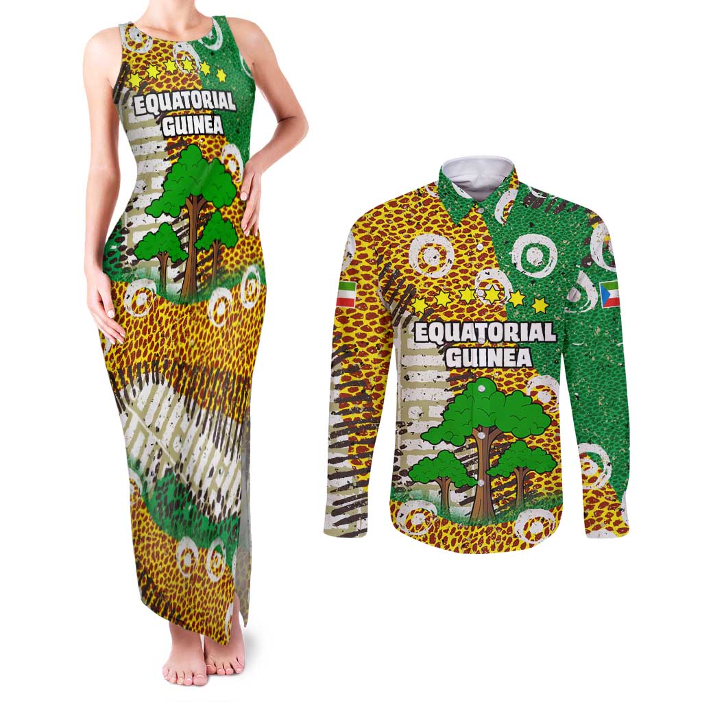 Equatorial Guinea Baobab Tree Couples Matching Tank Maxi Dress and Long Sleeve Button Shirt with Tribal Patterns and Heritage Quote