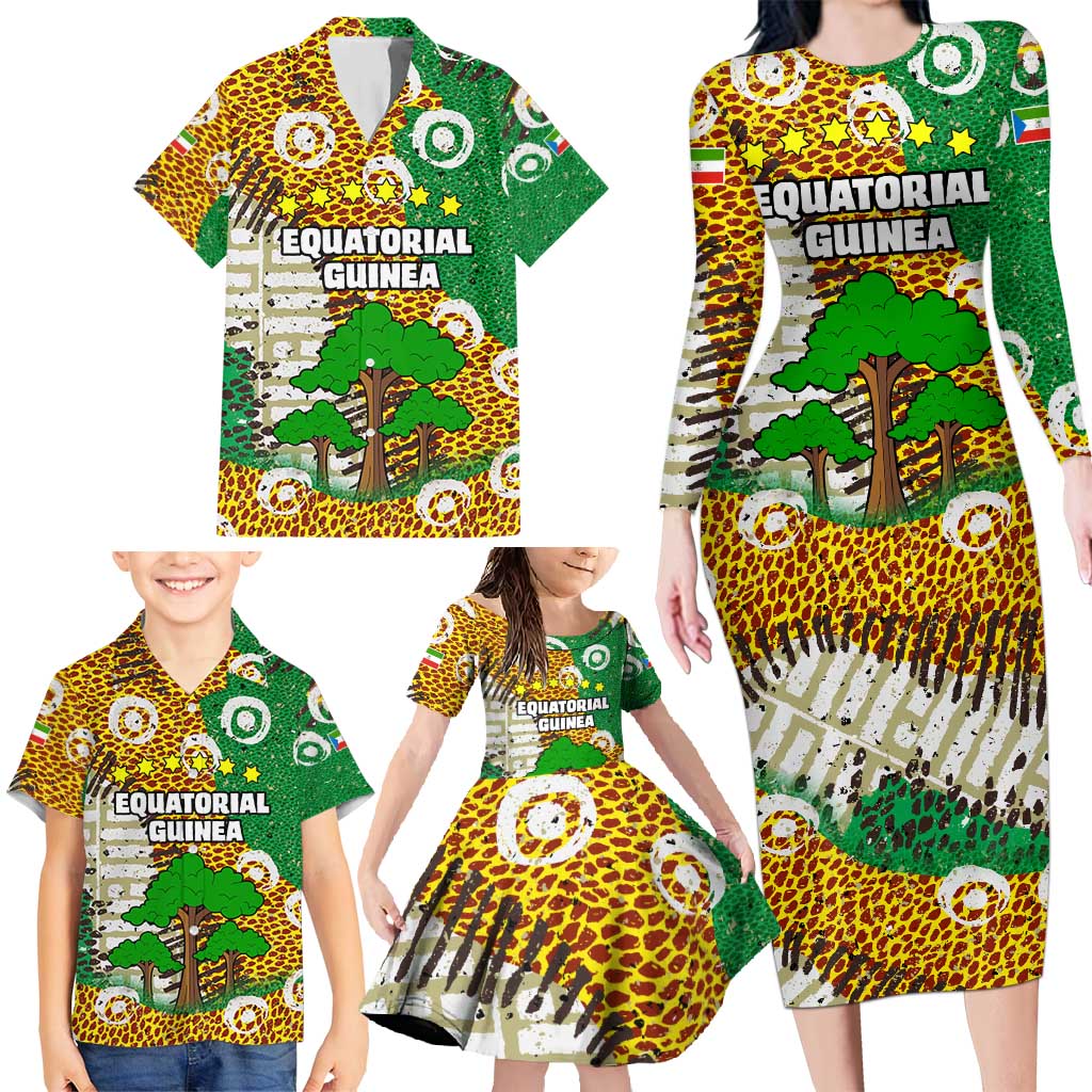 Equatorial Guinea Baobab Tree Family Matching Long Sleeve Bodycon Dress and Hawaiian Shirt with Tribal Patterns and Heritage Quote