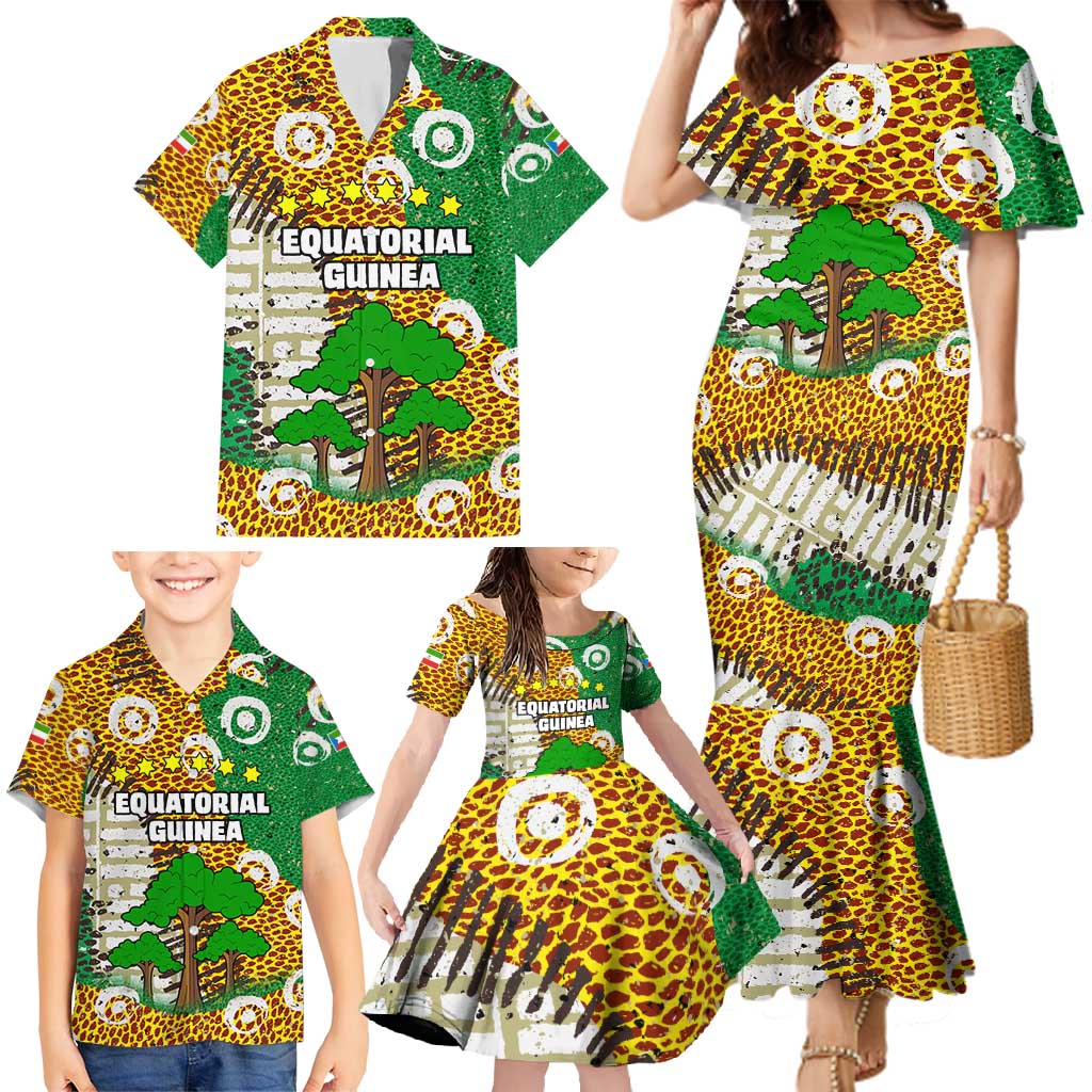 Equatorial Guinea Baobab Tree Family Matching Mermaid Dress and Hawaiian Shirt with Tribal Patterns and Heritage Quote