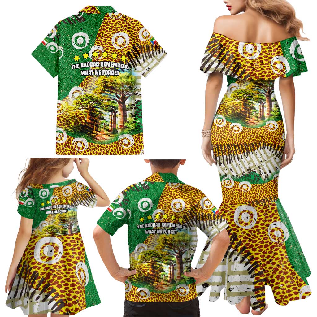 Equatorial Guinea Baobab Tree Family Matching Mermaid Dress and Hawaiian Shirt with Tribal Patterns and Heritage Quote