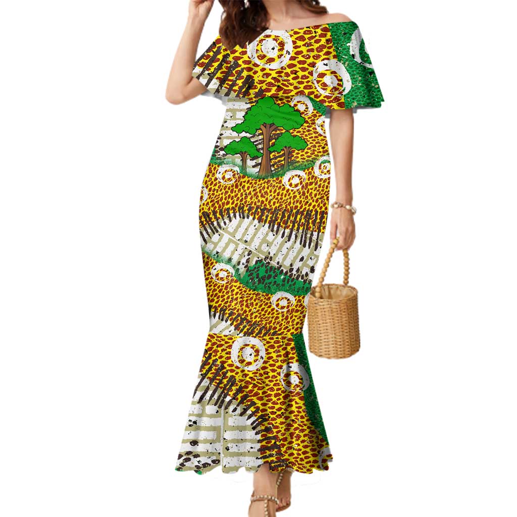 Equatorial Guinea Baobab Tree Family Matching Mermaid Dress and Hawaiian Shirt with Tribal Patterns and Heritage Quote