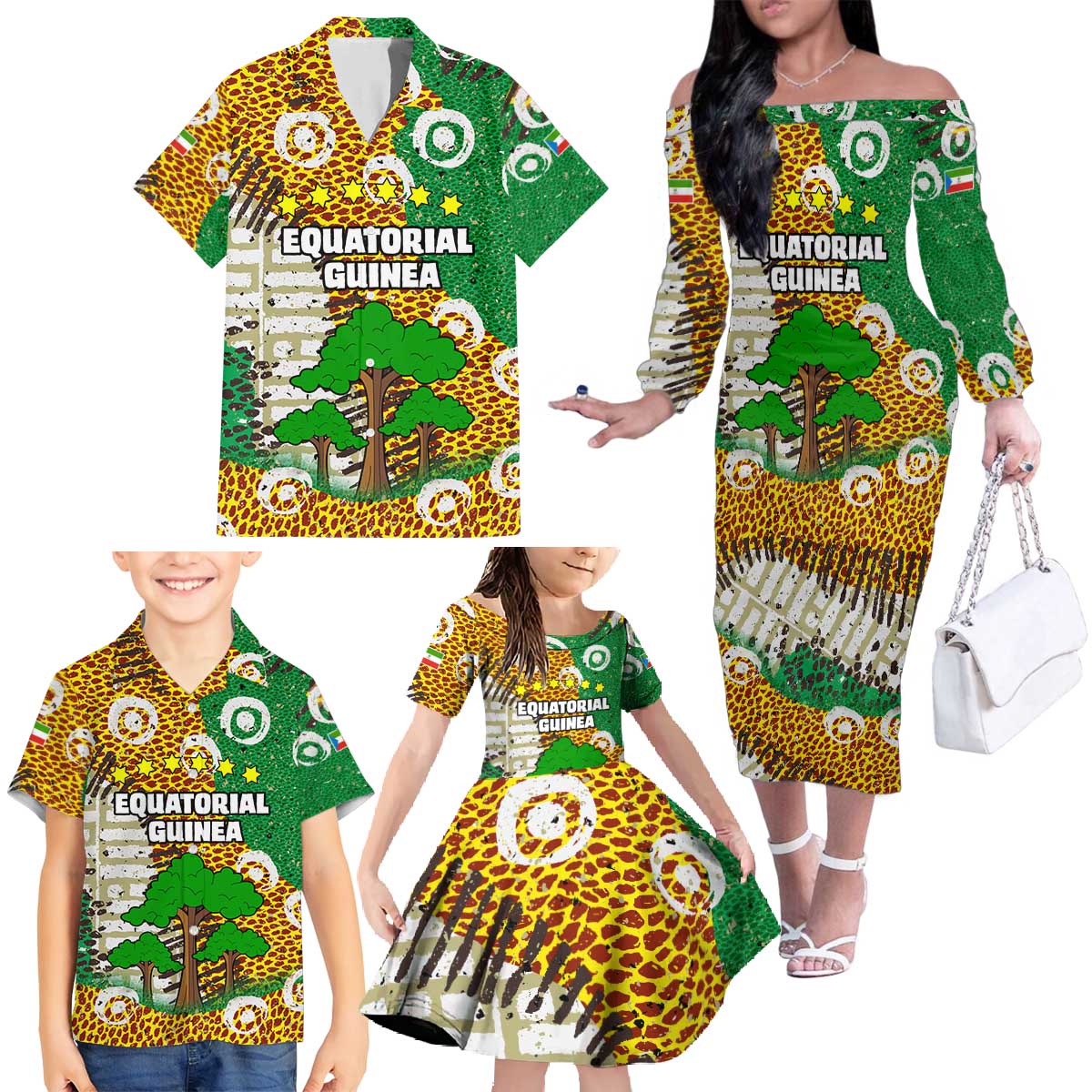Equatorial Guinea Baobab Tree Family Matching Off The Shoulder Long Sleeve Dress and Hawaiian Shirt with Tribal Patterns and Heritage Quote