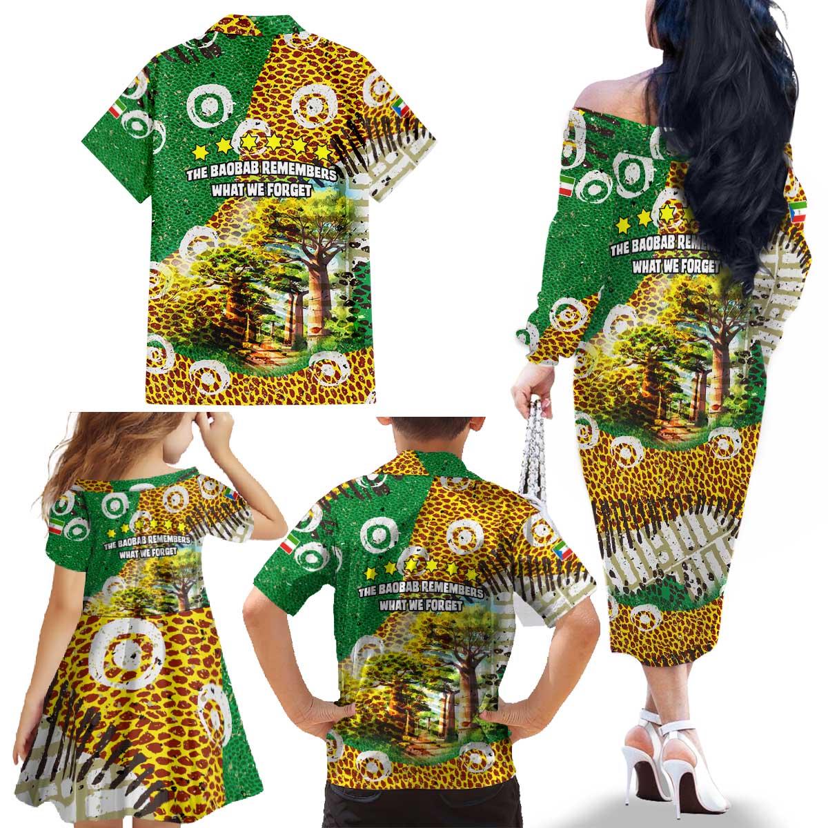 Equatorial Guinea Baobab Tree Family Matching Off The Shoulder Long Sleeve Dress and Hawaiian Shirt with Tribal Patterns and Heritage Quote