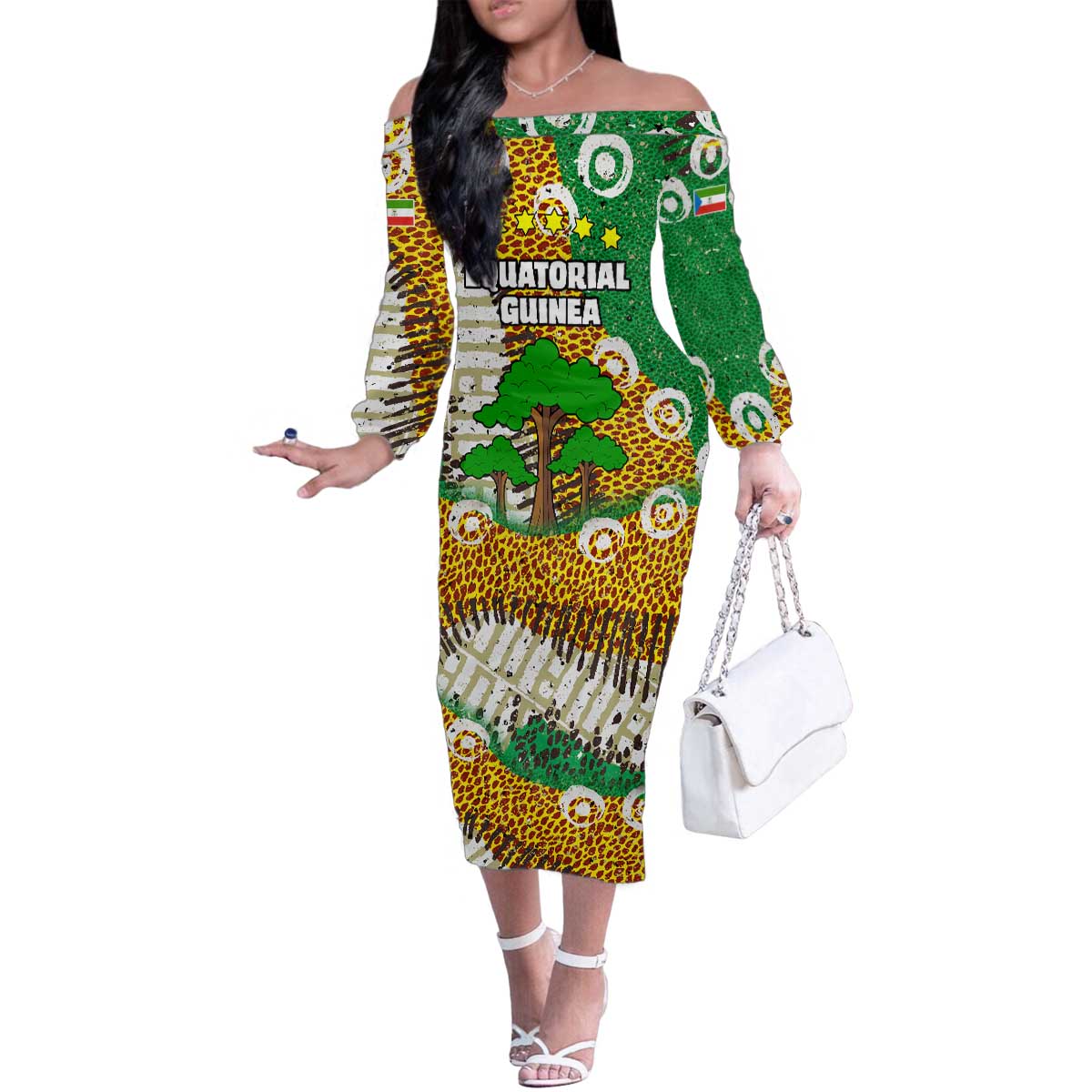 Equatorial Guinea Baobab Tree Family Matching Off The Shoulder Long Sleeve Dress and Hawaiian Shirt with Tribal Patterns and Heritage Quote