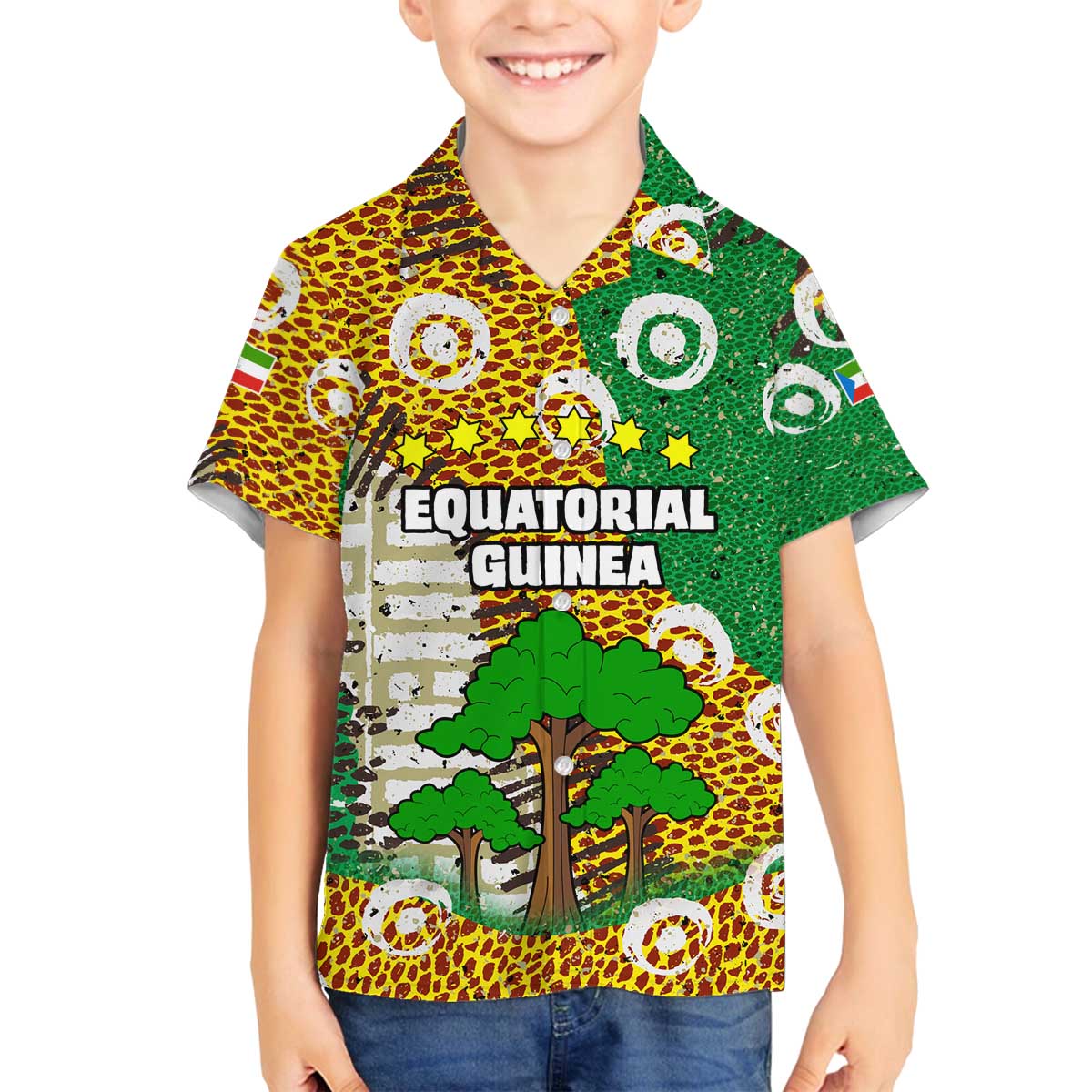 Equatorial Guinea Baobab Tree Family Matching Off The Shoulder Long Sleeve Dress and Hawaiian Shirt with Tribal Patterns and Heritage Quote
