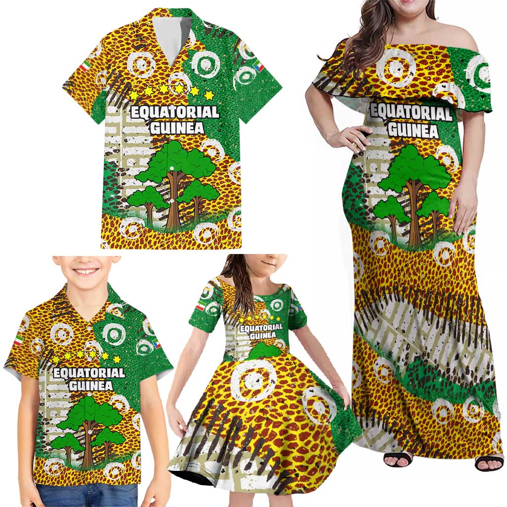Equatorial Guinea Baobab Tree Family Matching Off Shoulder Maxi Dress and Hawaiian Shirt with Tribal Patterns and Heritage Quote
