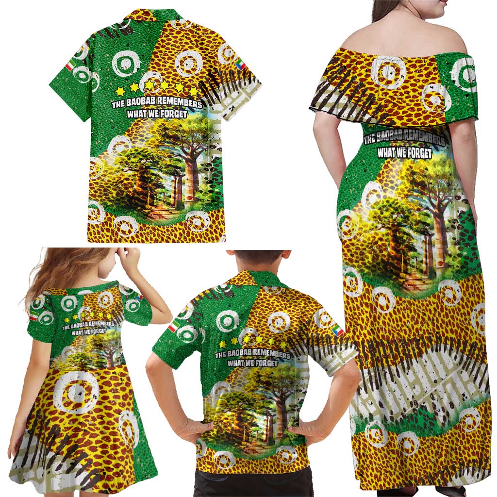 Equatorial Guinea Baobab Tree Family Matching Off Shoulder Maxi Dress and Hawaiian Shirt with Tribal Patterns and Heritage Quote