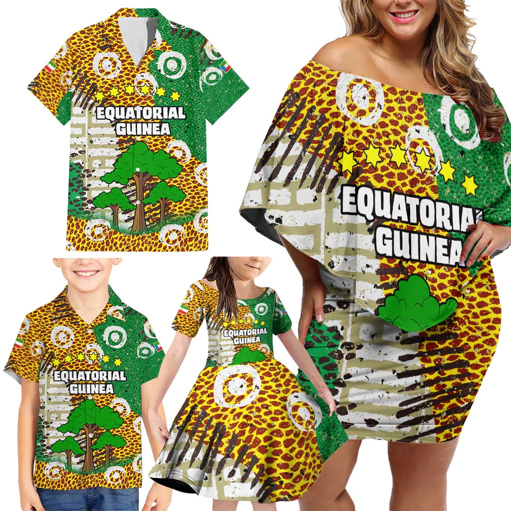 Equatorial Guinea Baobab Tree Family Matching Off Shoulder Short Dress and Hawaiian Shirt with Tribal Patterns and Heritage Quote