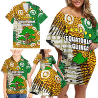 Equatorial Guinea Baobab Tree Family Matching Off Shoulder Short Dress and Hawaiian Shirt with Tribal Patterns and Heritage Quote