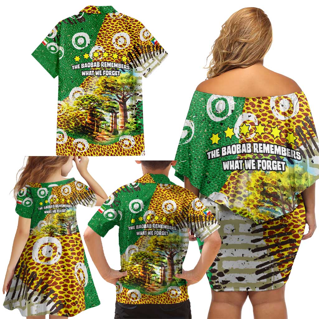 Equatorial Guinea Baobab Tree Family Matching Off Shoulder Short Dress and Hawaiian Shirt with Tribal Patterns and Heritage Quote