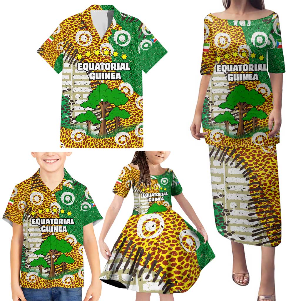 Equatorial Guinea Baobab Tree Family Matching Puletasi and Hawaiian Shirt with Tribal Patterns and Heritage Quote