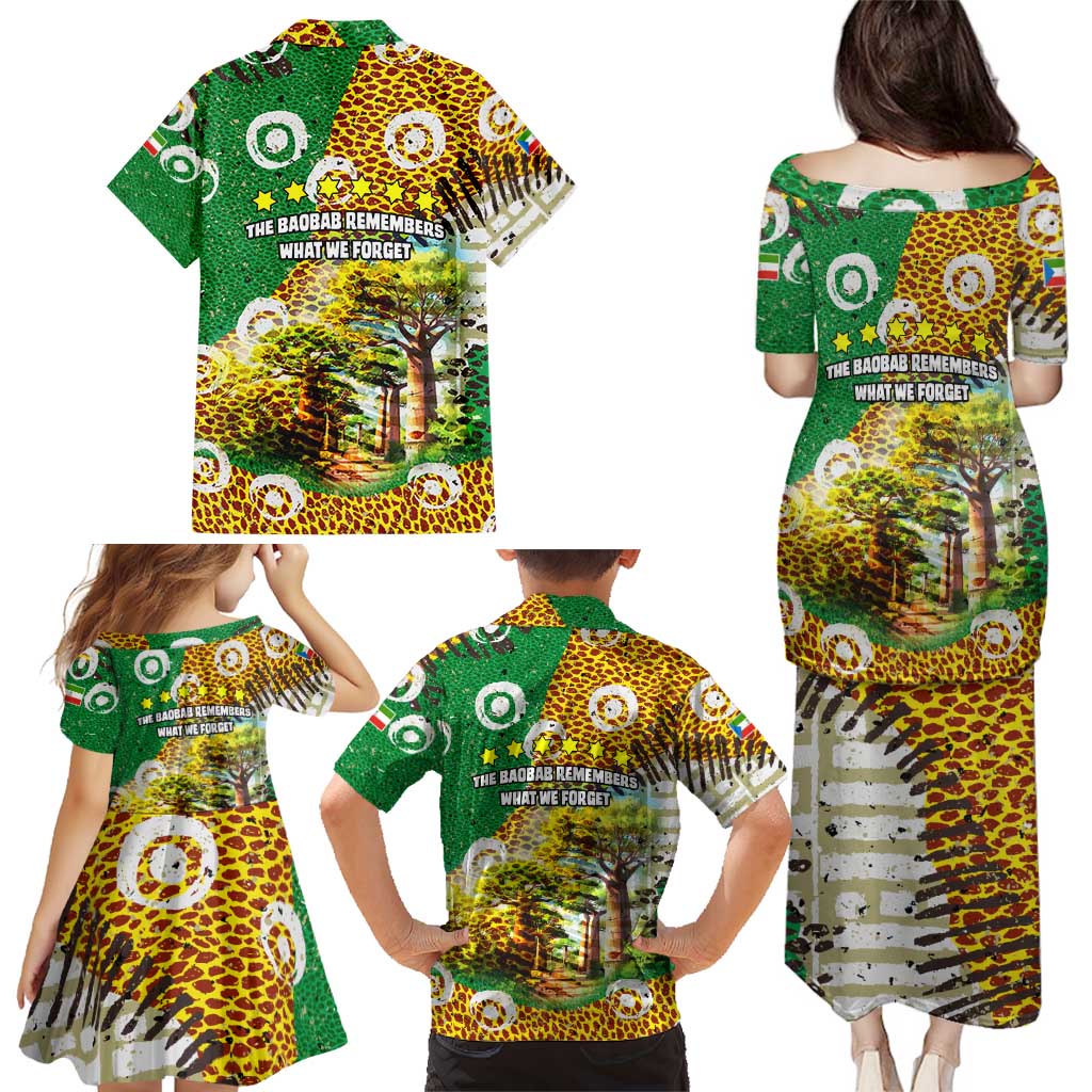 Equatorial Guinea Baobab Tree Family Matching Puletasi and Hawaiian Shirt with Tribal Patterns and Heritage Quote