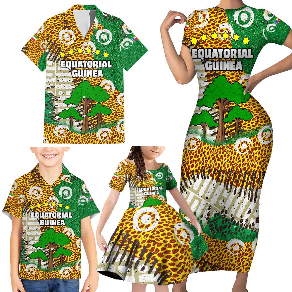 Equatorial Guinea Baobab Tree Family Matching Short Sleeve Bodycon Dress and Hawaiian Shirt with Tribal Patterns and Heritage Quote