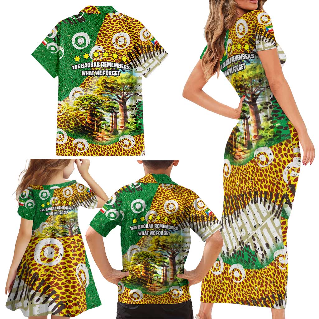 Equatorial Guinea Baobab Tree Family Matching Short Sleeve Bodycon Dress and Hawaiian Shirt with Tribal Patterns and Heritage Quote
