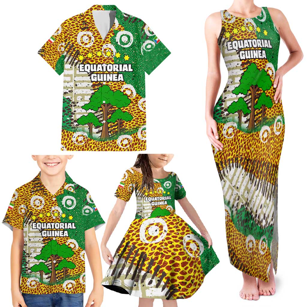 Equatorial Guinea Baobab Tree Family Matching Tank Maxi Dress and Hawaiian Shirt with Tribal Patterns and Heritage Quote