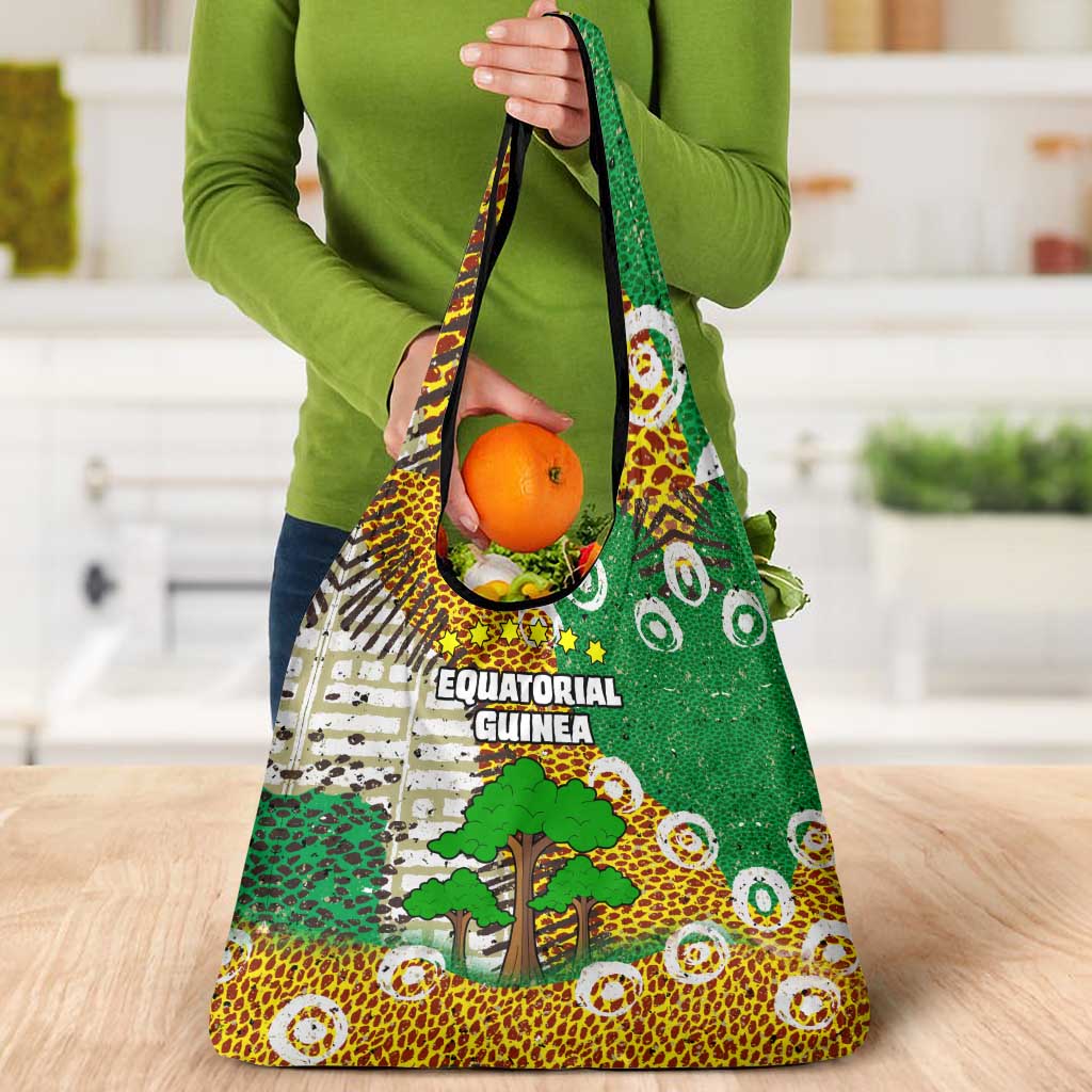 Equatorial Guinea Baobab Tree Grocery Bag with Tribal Patterns and Heritage Quote