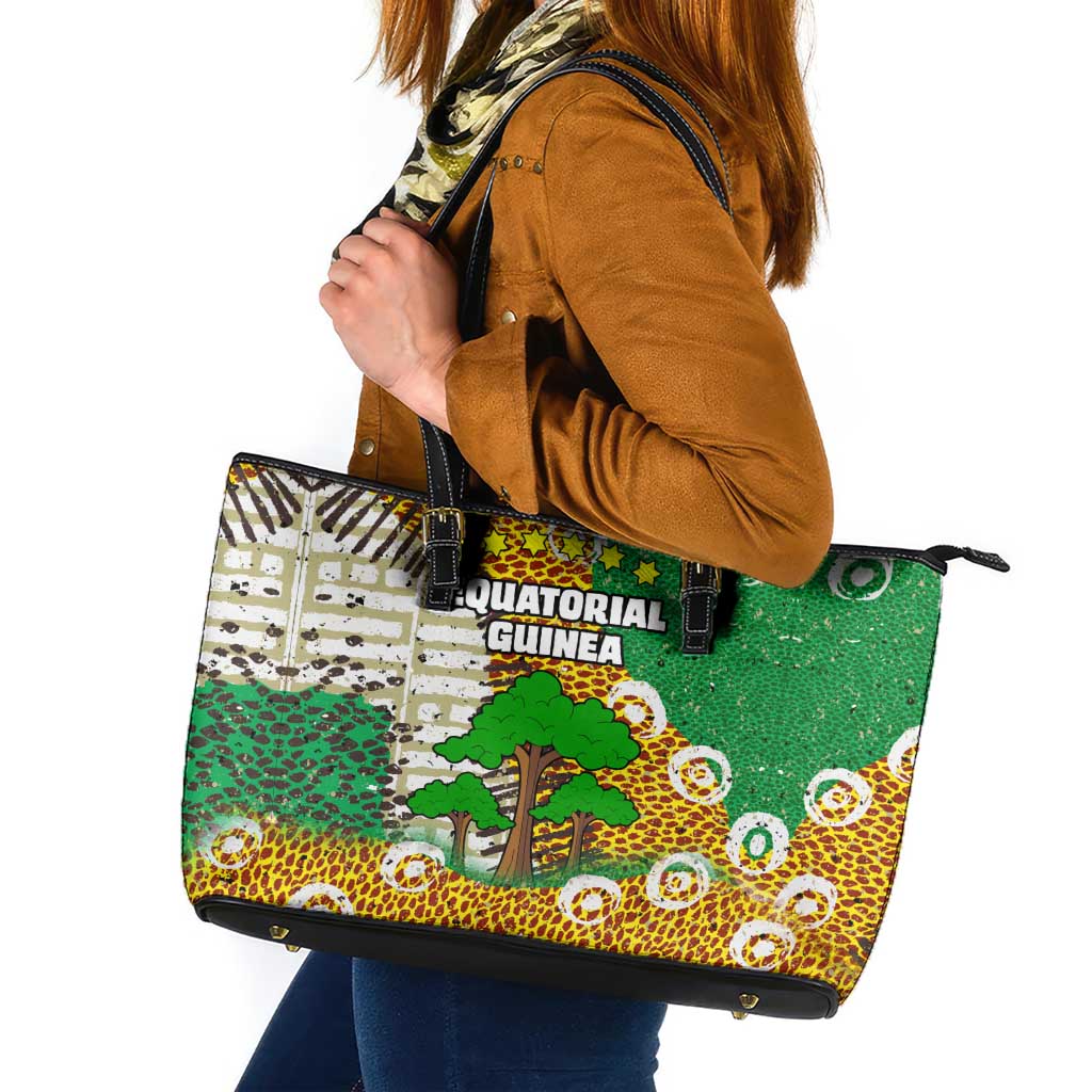 Equatorial Guinea Baobab Tree Leather Tote Bag with Tribal Patterns and Heritage Quote