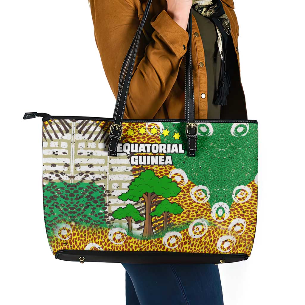 Equatorial Guinea Baobab Tree Leather Tote Bag with Tribal Patterns and Heritage Quote