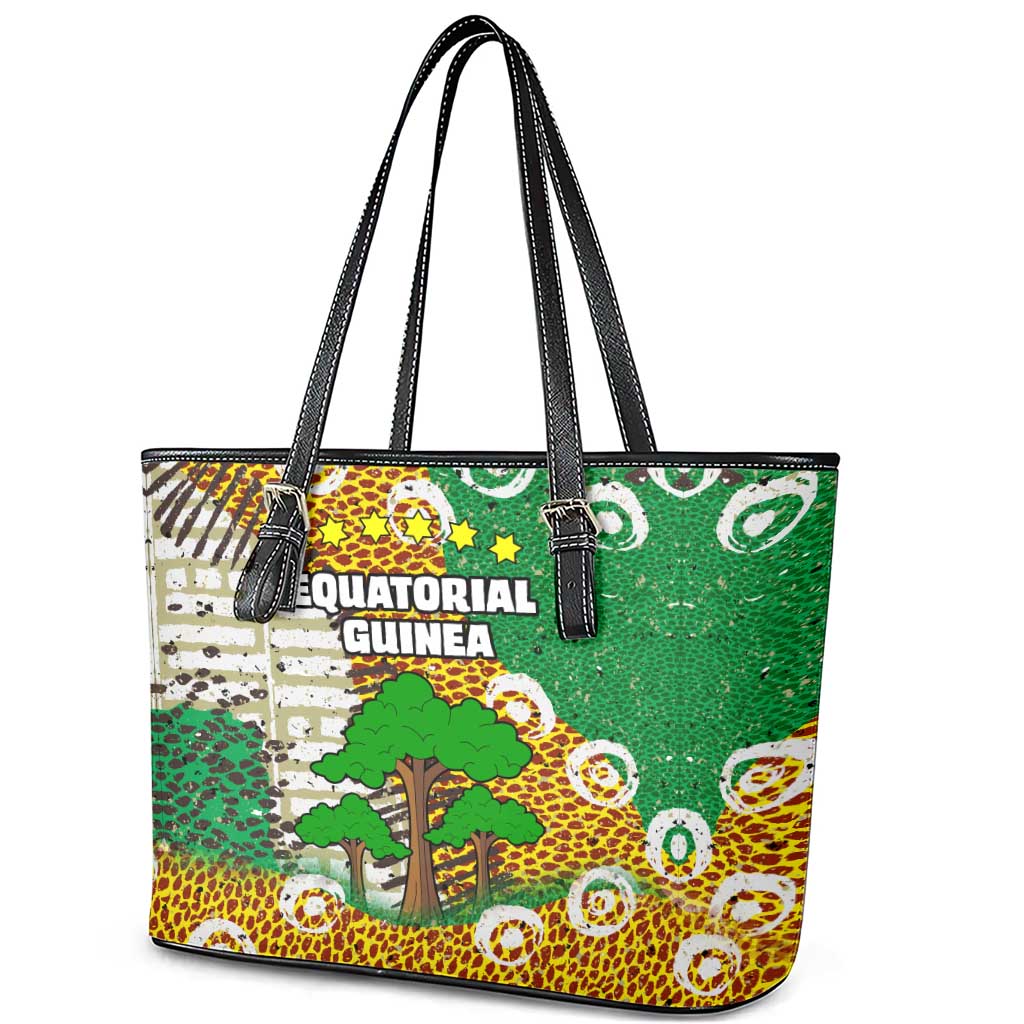 Equatorial Guinea Baobab Tree Leather Tote Bag with Tribal Patterns and Heritage Quote