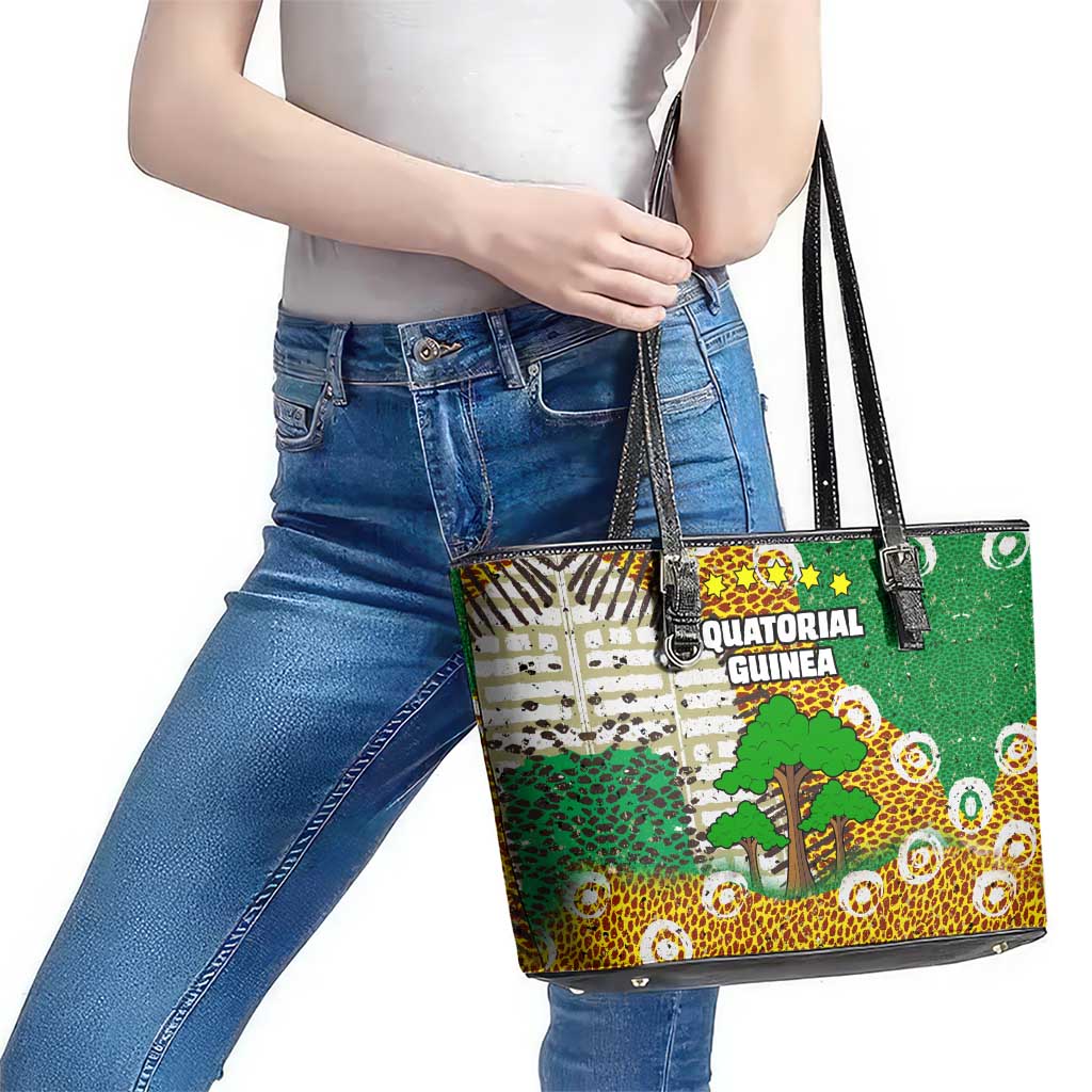 Equatorial Guinea Baobab Tree Leather Tote Bag with Tribal Patterns and Heritage Quote