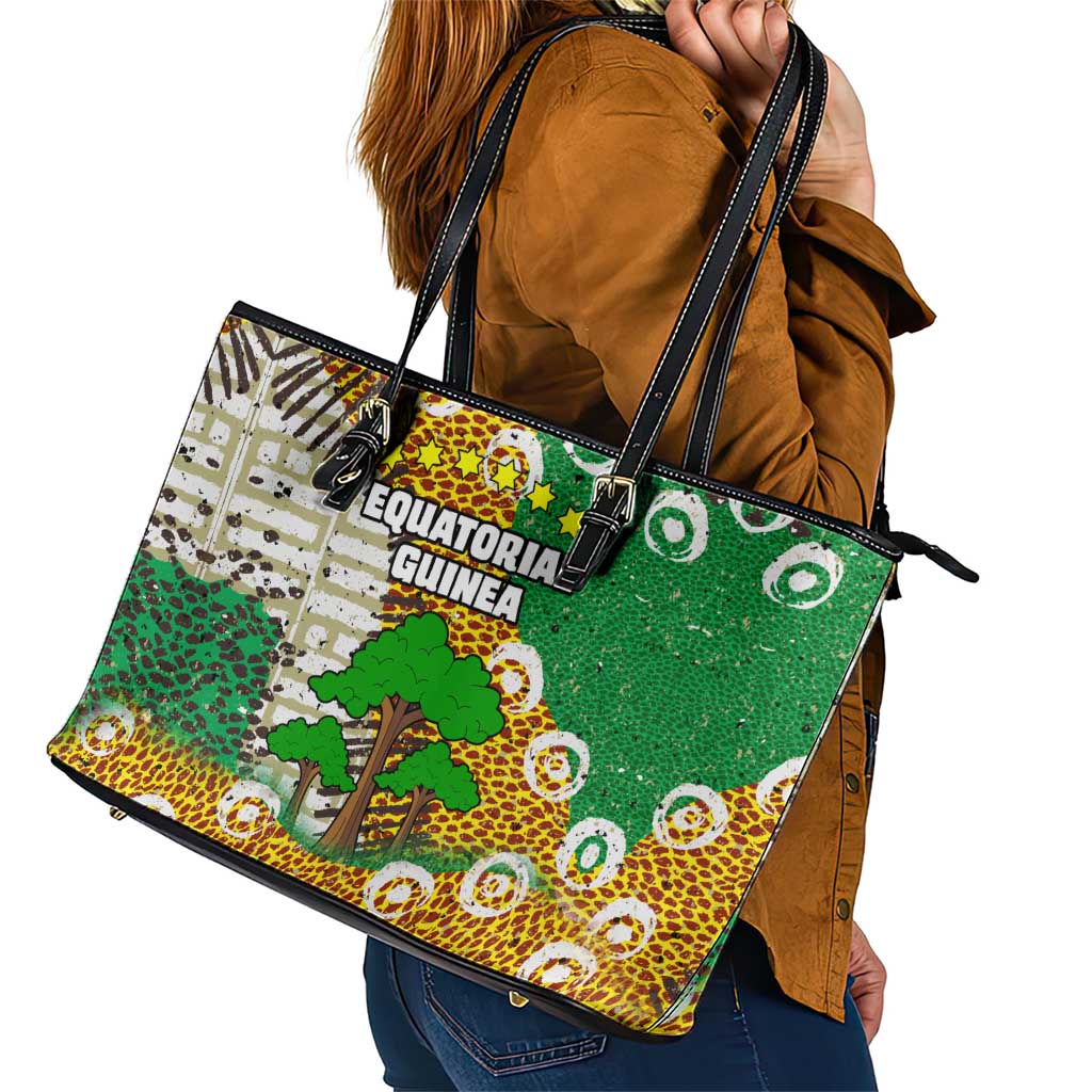 Equatorial Guinea Baobab Tree Leather Tote Bag with Tribal Patterns and Heritage Quote
