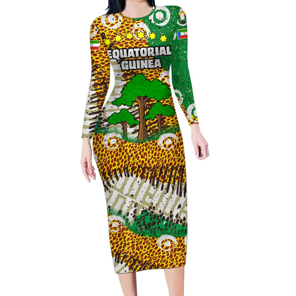 Equatorial Guinea Baobab Tree Long Sleeve Bodycon Dress with Tribal Patterns and Heritage Quote