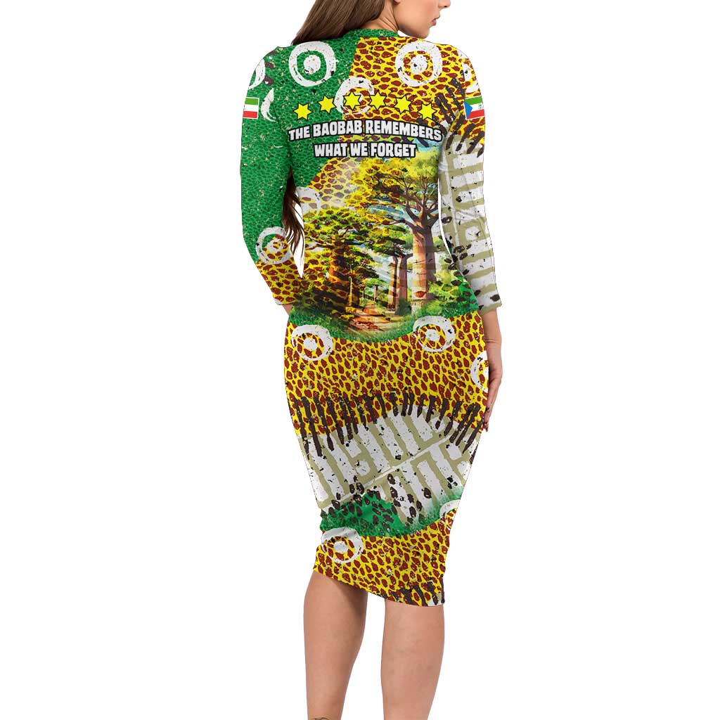 Equatorial Guinea Baobab Tree Long Sleeve Bodycon Dress with Tribal Patterns and Heritage Quote