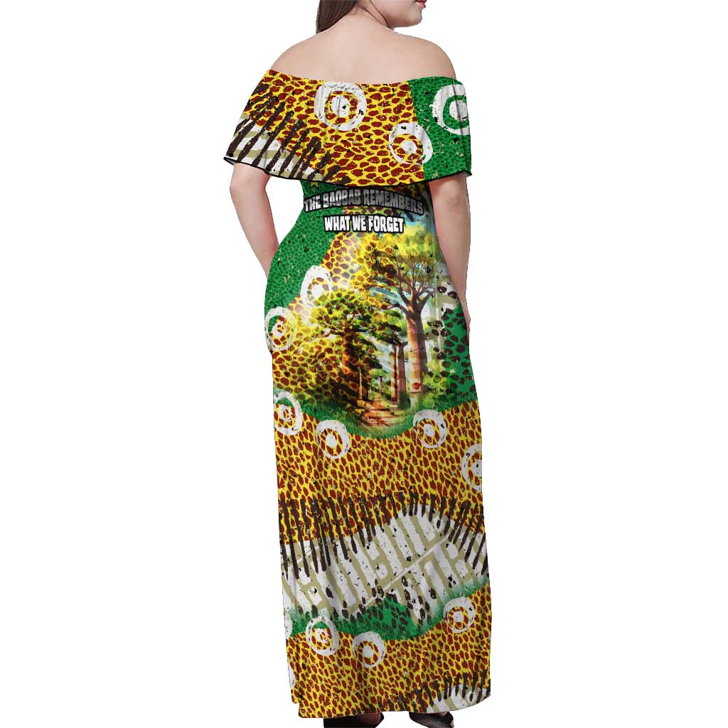 Equatorial Guinea Baobab Tree Off Shoulder Maxi Dress with Tribal Patterns and Heritage Quote