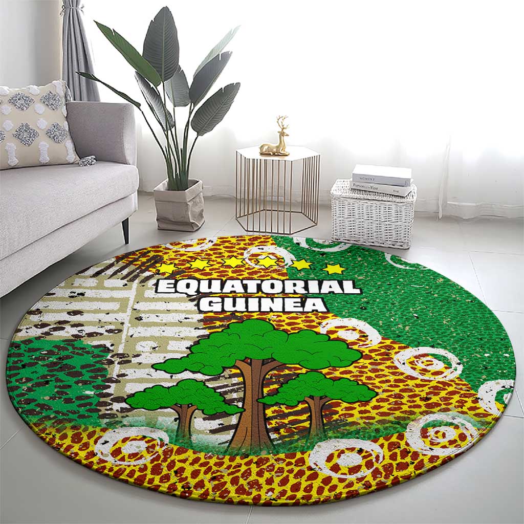 Equatorial Guinea Baobab Tree Round Carpet with Tribal Patterns and Heritage Quote
