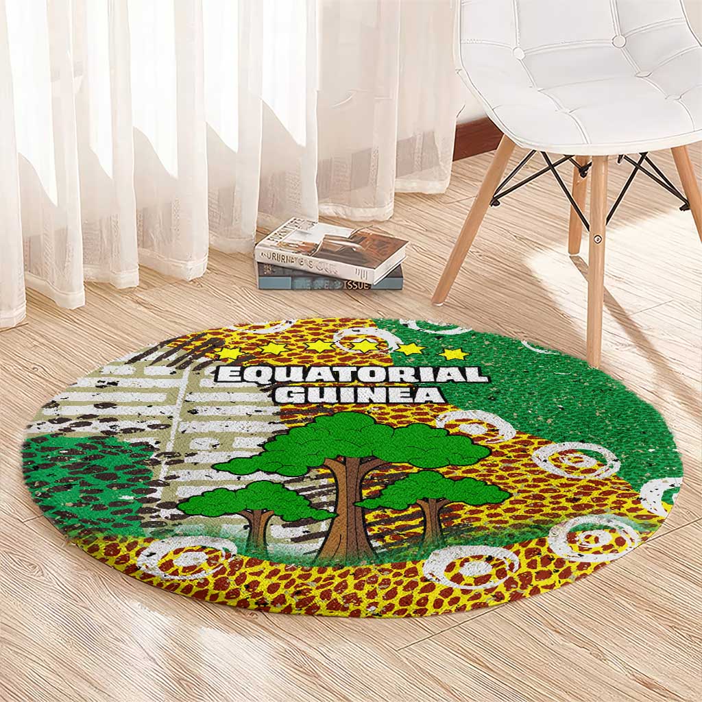 Equatorial Guinea Baobab Tree Round Carpet with Tribal Patterns and Heritage Quote